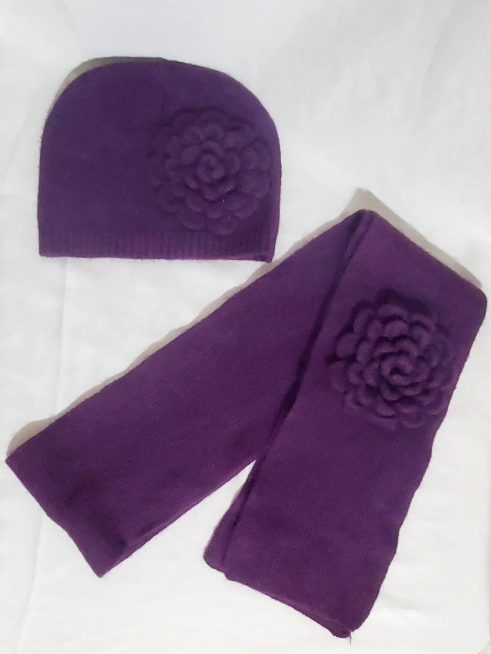 Purple Knitted Flower Beanie and Scarf Set